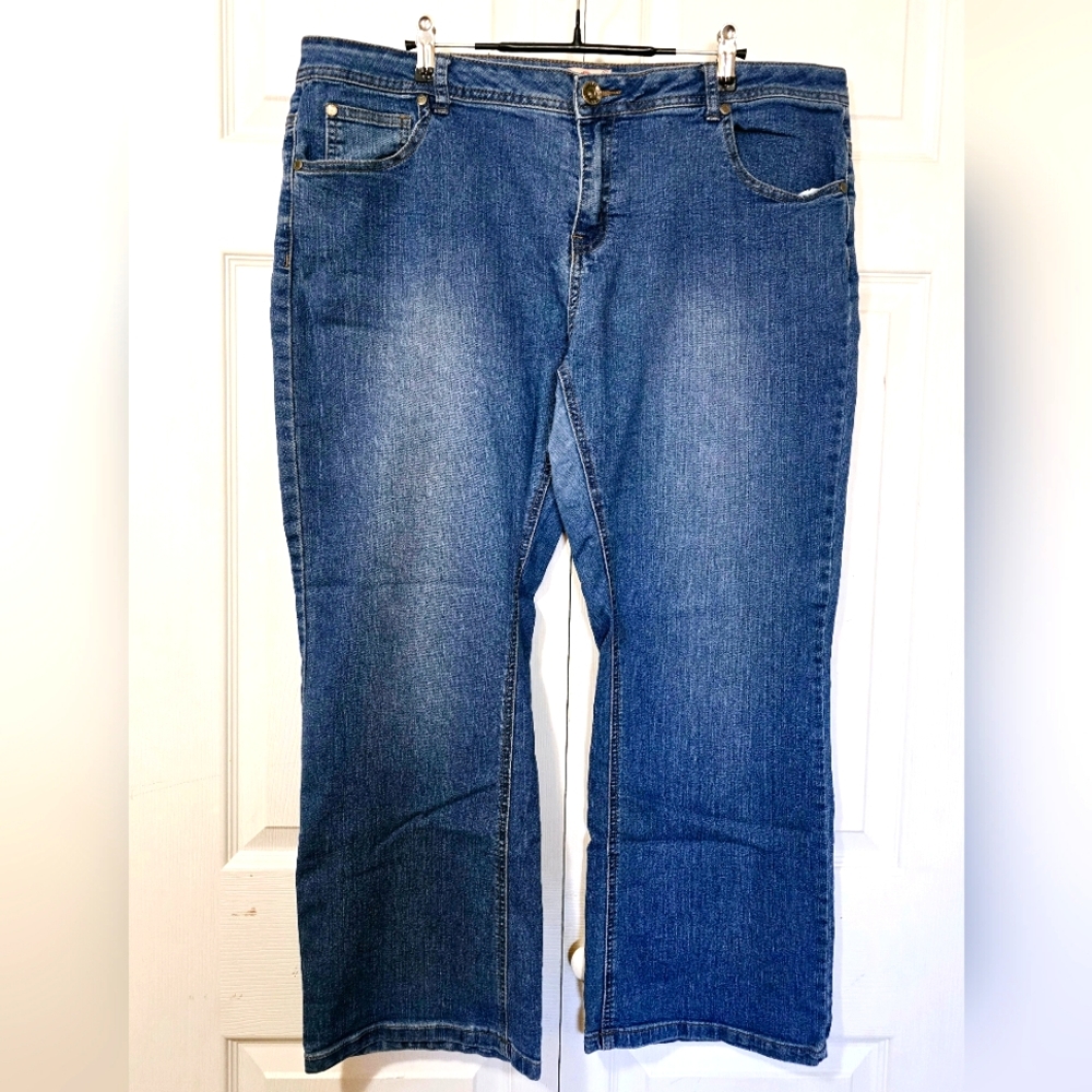 NRJ Women's Size 18W Blue & Gold Stitching 5 Pocket Mid-Rise Wide Leg Jeans